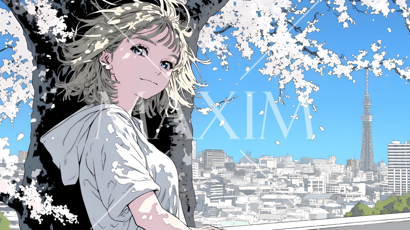 満開の桜の木の下を歩く若い女性