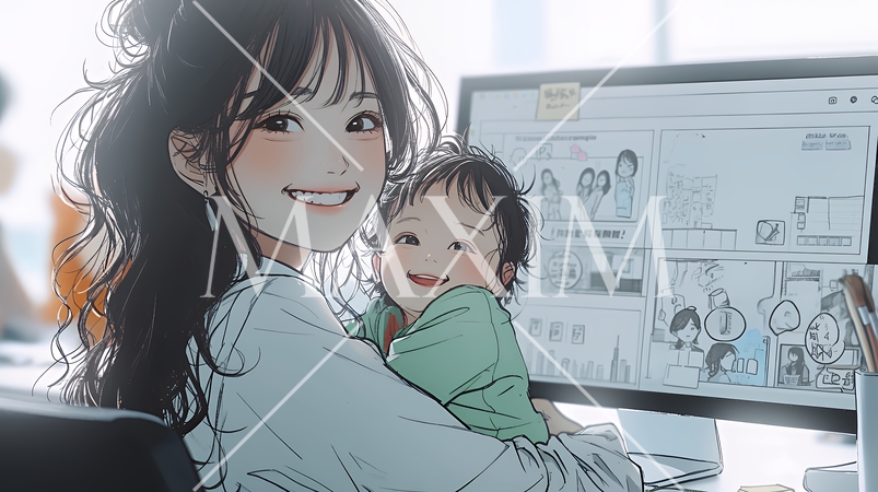 赤ん坊を抱きながらデスクワークをしている女性