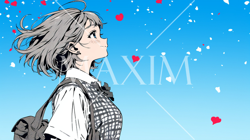 高校の制服を着た女性が希望を持って上を向いている横顔