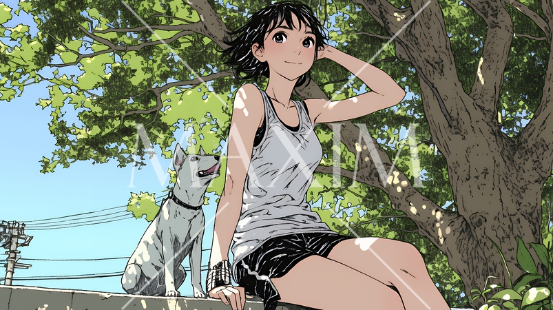 愛犬と散歩している若い女性