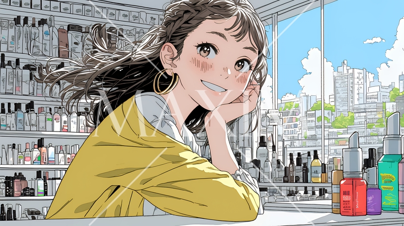 ドラッグストアでコスメを選ぶ若い女性