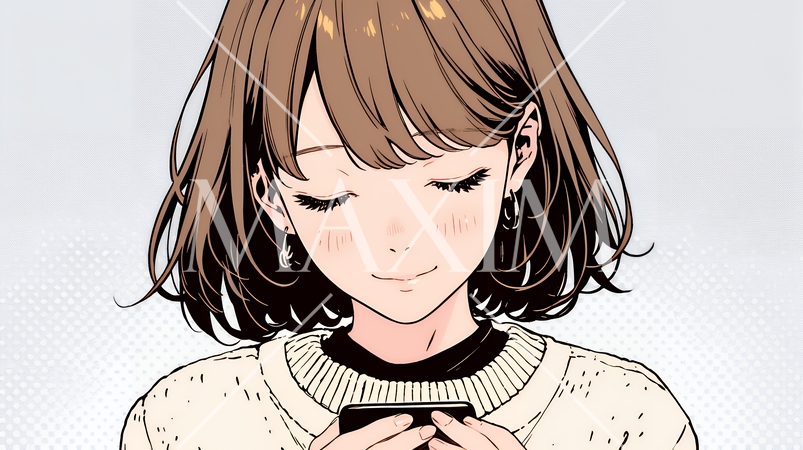 楽しそうにスマホ画面を眺めている若い女性