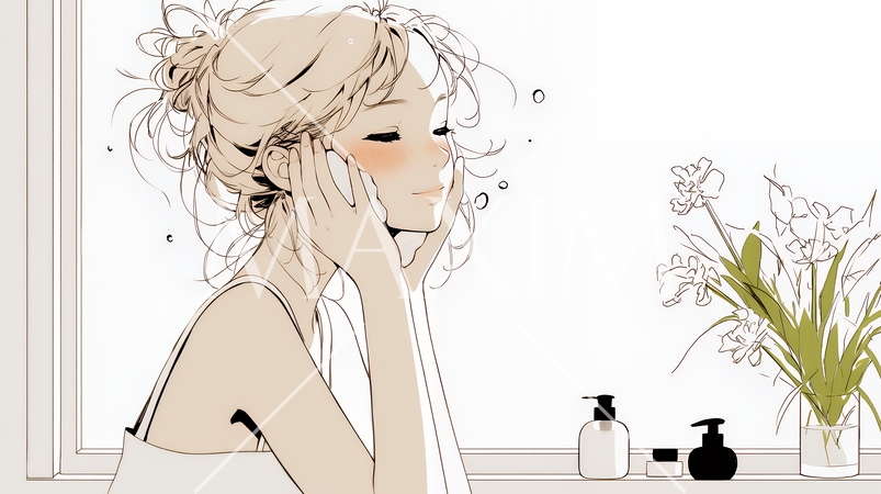洗面所で朝の洗顔をする女性（シンプルな色使い）
