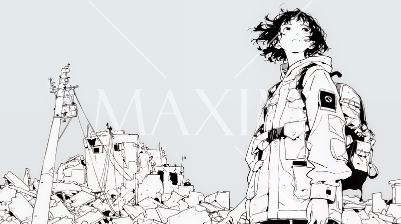 震災や空爆などで破壊された街で孤独に立ちすくむ若い女性（シンプルな色合い）