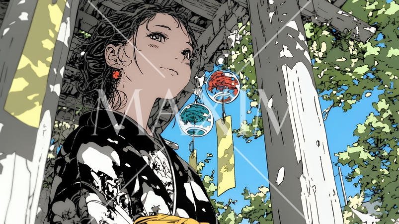 風鈴の音色を聞いている若い女性