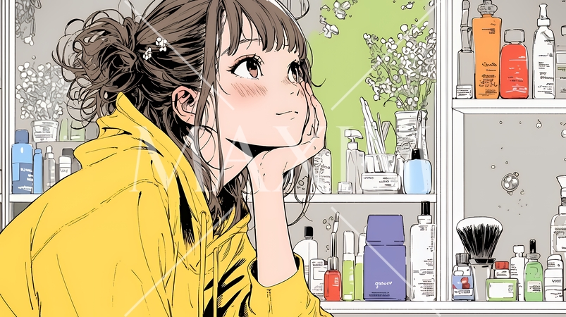 ドラッグストアでコスメを選ぶ若い女性