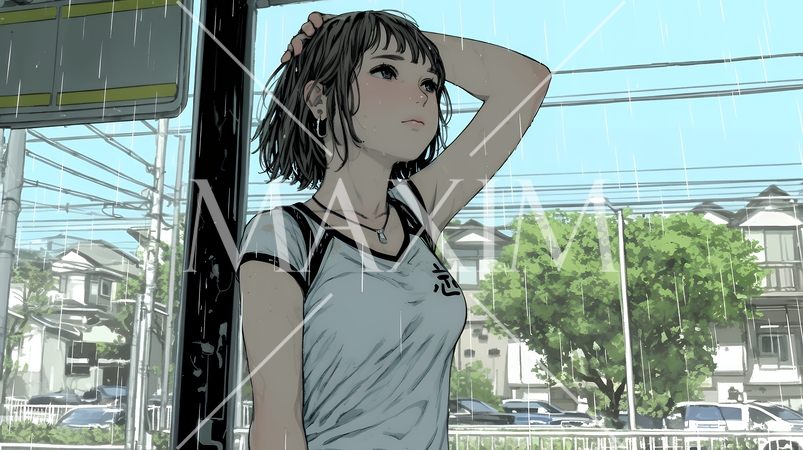 夏の急な雨でびしょ濡れの若い女性