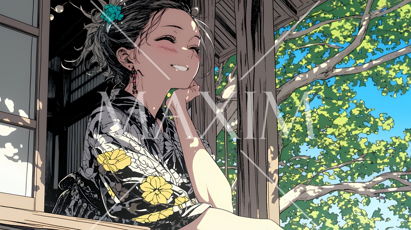 浴衣姿で夕涼みをしている若い女性