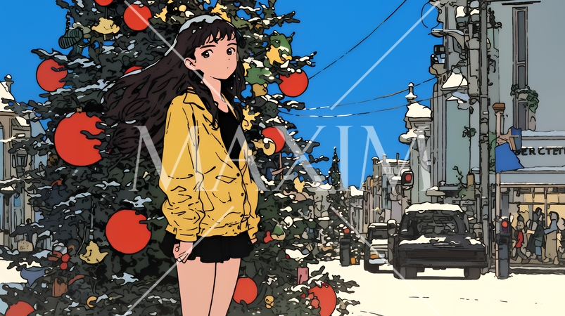 ホワイトクリスマスの街を歩く若い女性