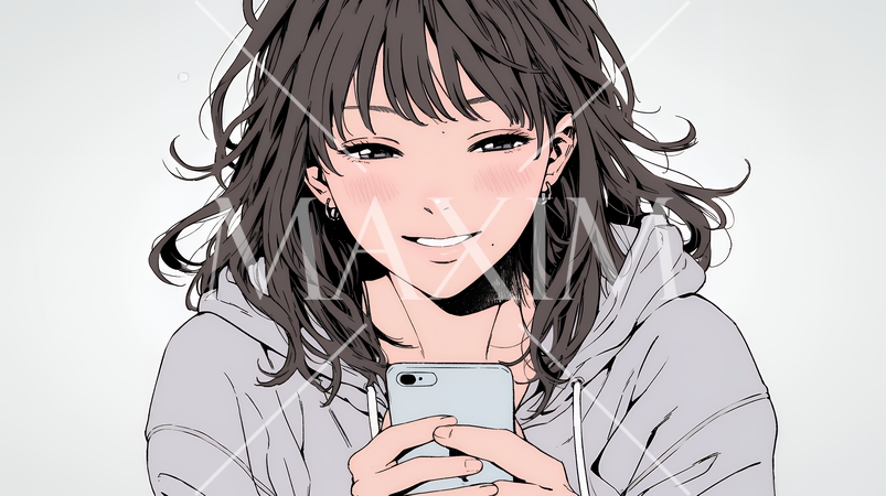楽しそうにスマホ画面を眺めている若い女性
