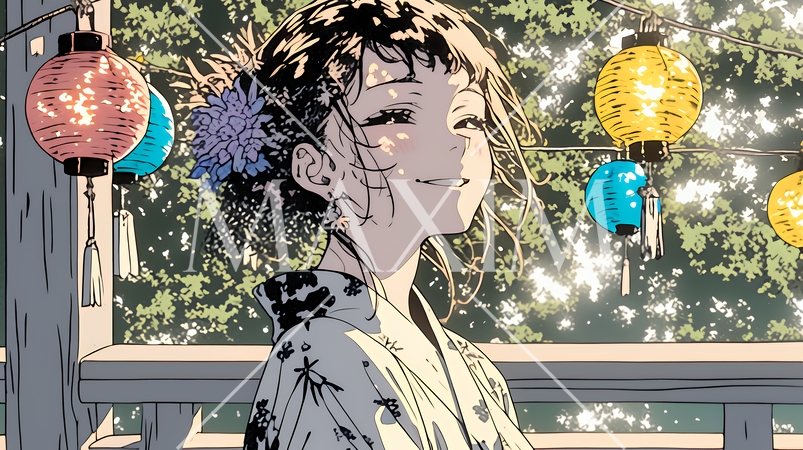 浴衣姿で夕涼みをしている若い女性