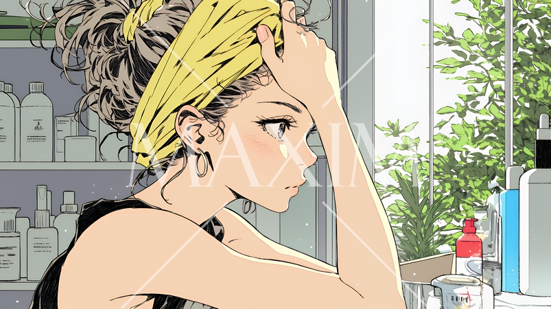 スキンケアを念入りに行う若い女性