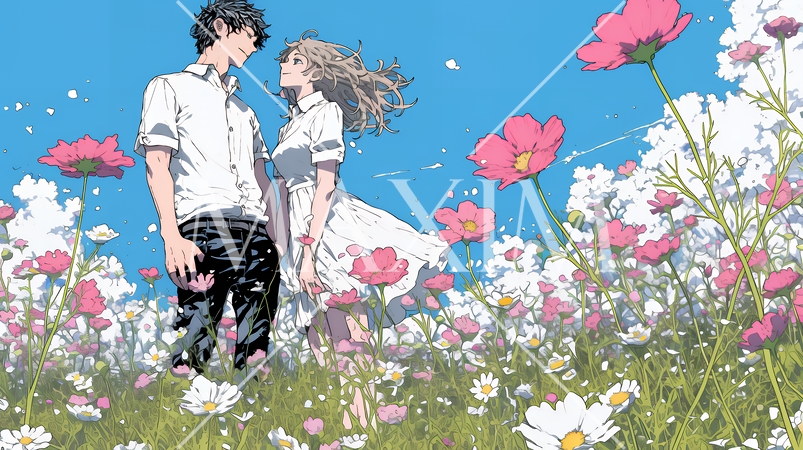 コスモス畑でデートをしている若いカップル