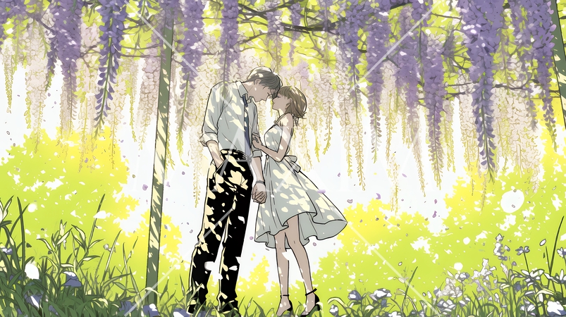 満開の藤の木の下でデートをしている若いカップル