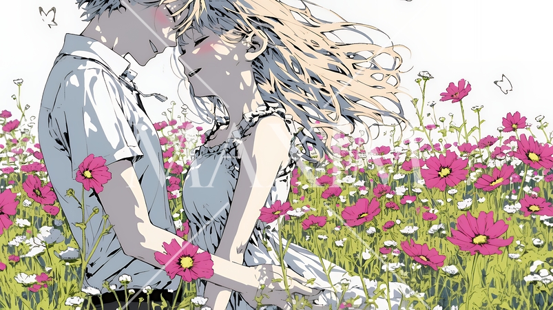 コスモス畑でデートをしている若いカップル