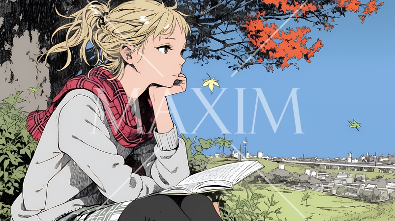 読書の秋：紅葉の木の下で本を読んでいる若い女性