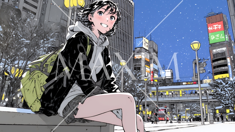 雪の積もる冬の都会を散策している若い女性