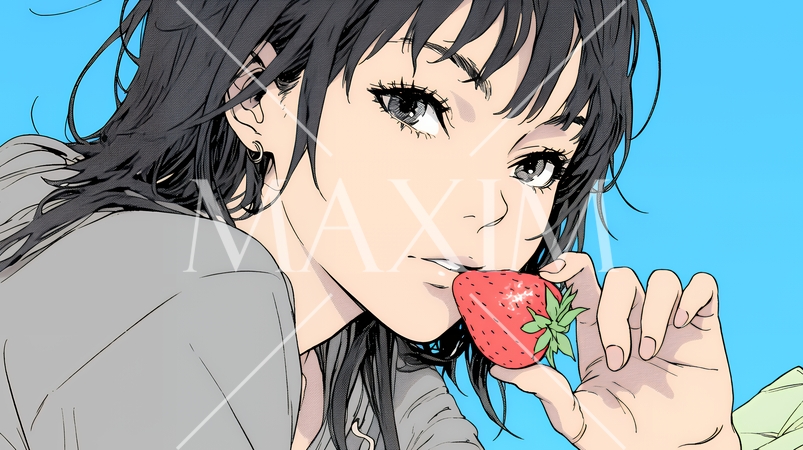 イチゴを摘んで食べている若い女性