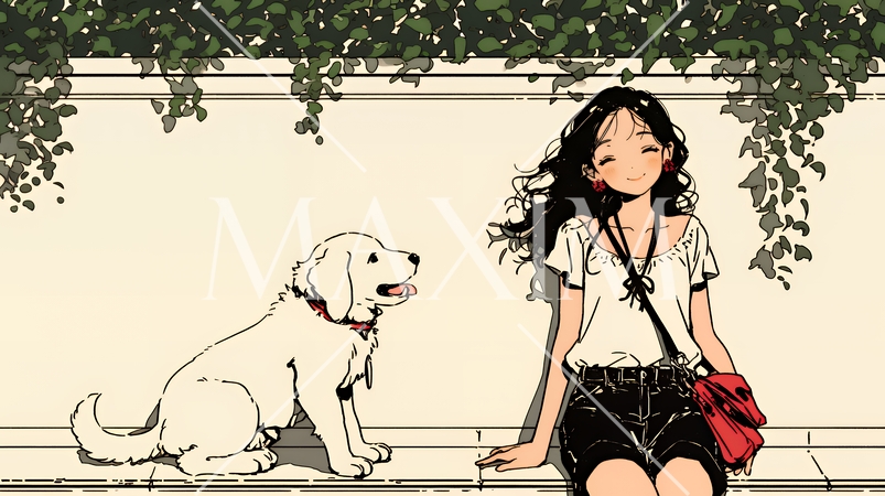 愛犬と散歩している若い女性（シンプルな色使い）