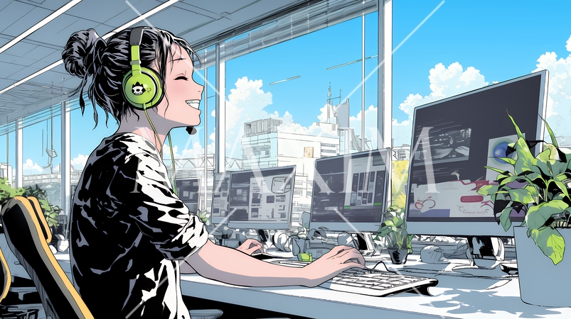 近代的なコールセンターのオフィスで働く女性オペレーター