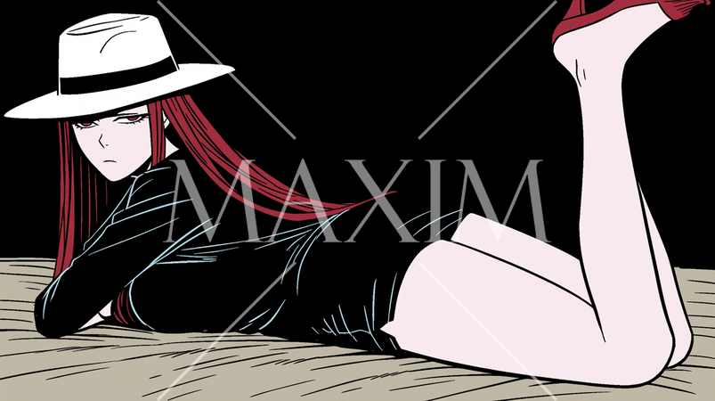 うつ伏せになっている若い色っぽい女性：シルクハットをかぶり黒い服を着て赤いハイヒールを履いている