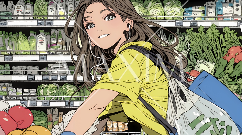 スーパーマーケットで買い物をしている若い女性