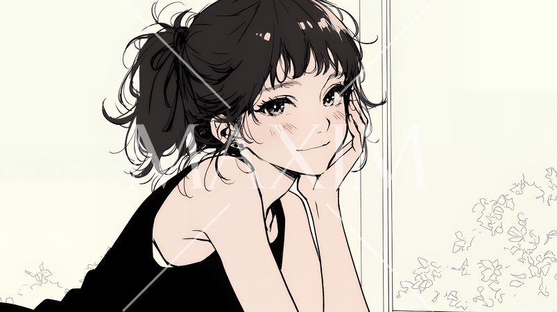 悲しげな目で微笑む（Smiling with sad eyes）若い女性（シンプルな色使い）