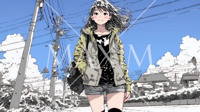 雪解けでぬかるんだ道を歩く若い女性