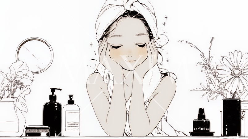 洗面所で朝の洗顔をする女性（シンプルな色使い）