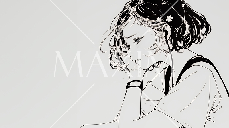 病院のベッドに腰掛けて気落ちしている女性（シンプルな色使い）