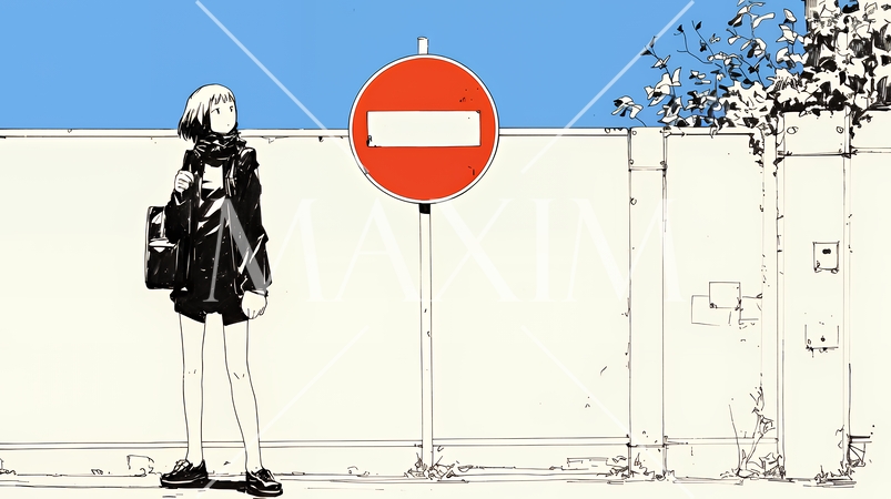 Noという意思表示：進入禁止マークと無表情な女性で表現（シンプルな色使い）