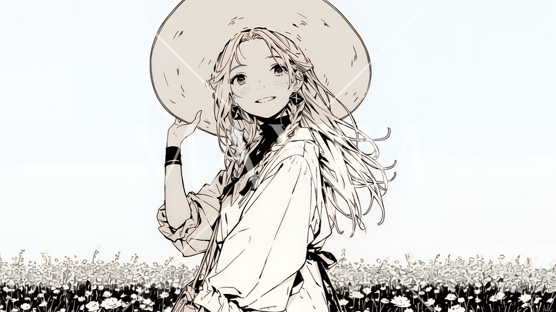 春風に飛ばされそうな帽子を、手で押さえる若い女性（シンプルな色使い）