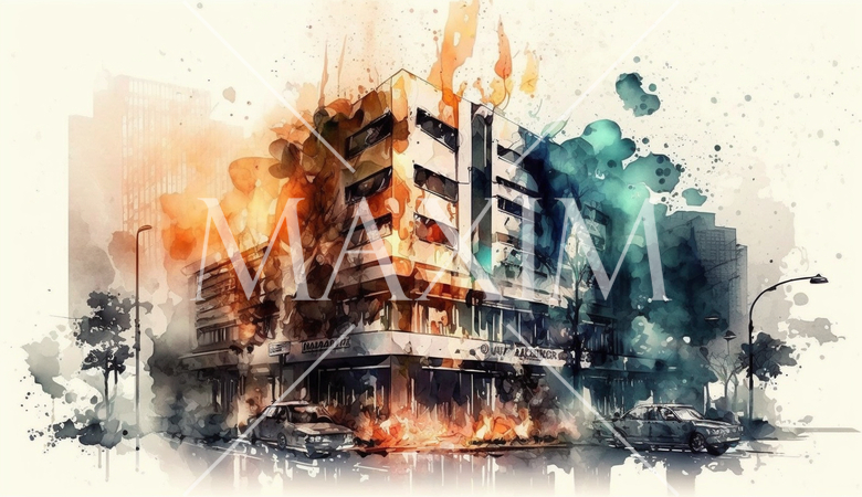 ビルの火災：水彩画