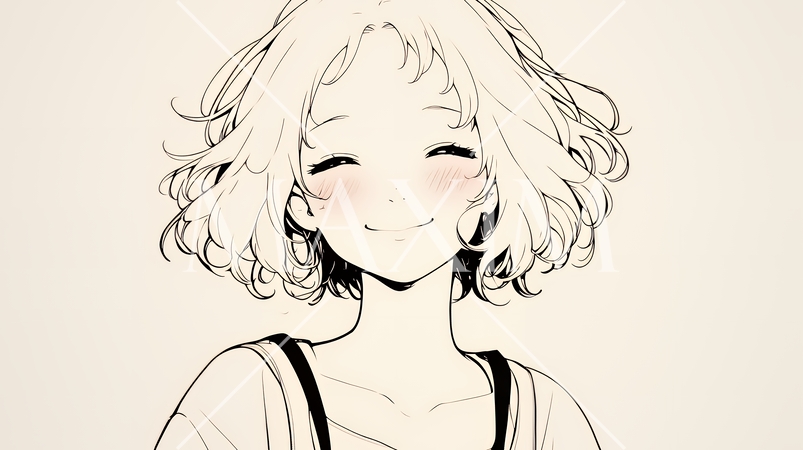 「うふふ」と微笑んでいる若い女性（シンプルな色使い）