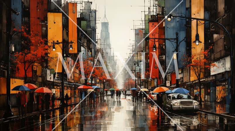 雨上りの街角をキュービズムな表現で描写