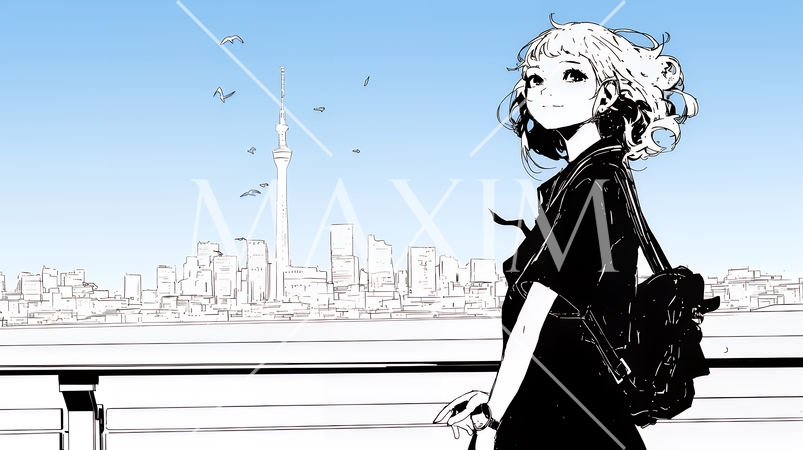 若い女性が佇む都市の街角（シンプルな色使い）