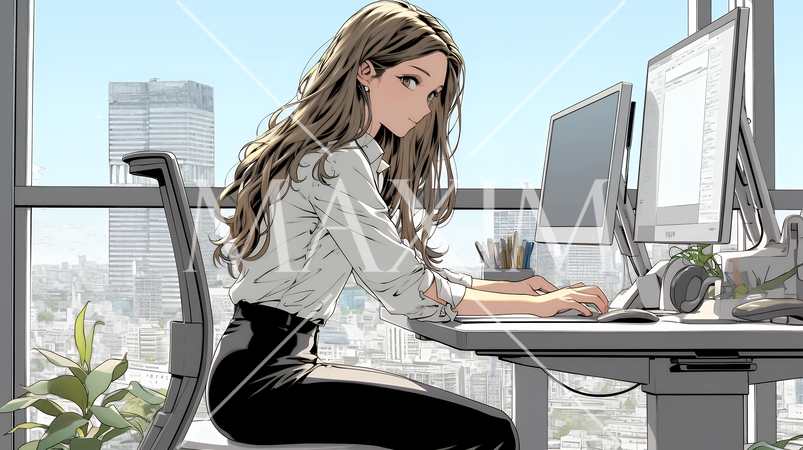 職場のデスクでパソコンに向かって仕事をしているビジネスウーマン