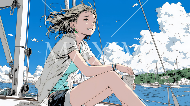 ヨットに乗っている若い女性