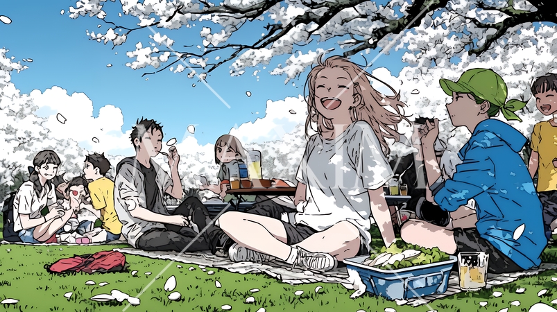 満開の桜の下で仲間たちと花見宴会