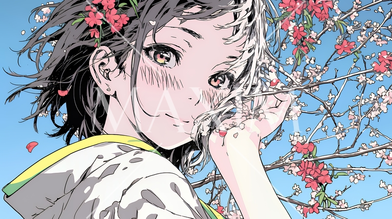 満開の梅の花と和服姿の若い女性