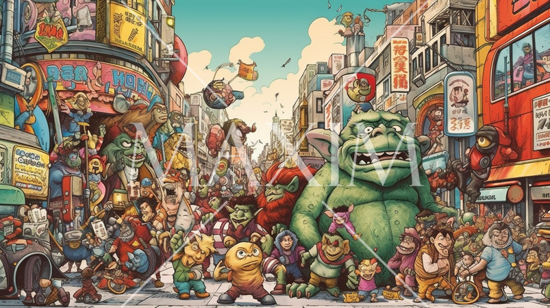 ハロウィンの仮装：仮装をして町を練り歩く若者達。まるで妖怪大集合のようです。