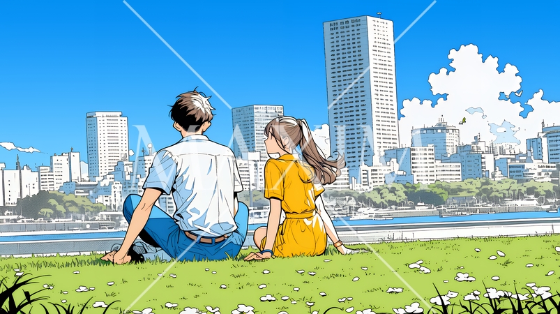 新緑の芝生が広がる都会の公園でくつろぐ若い男女