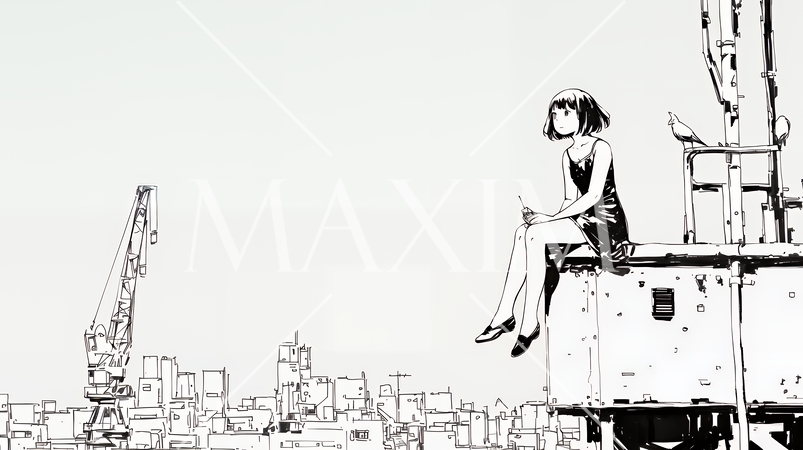 若い女性が佇む都市の街角（シンプルな色使い）