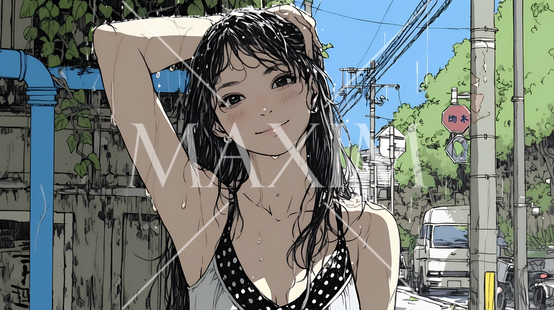 夏の急な雨でびしょ濡れの若い女性