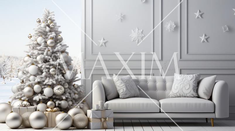 クリスマスツリー飾りのある白基調の居間