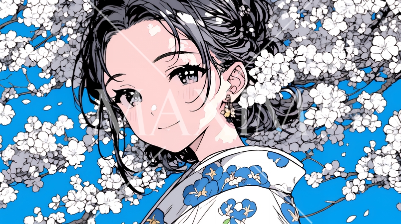 梅花と和服姿の若い女性