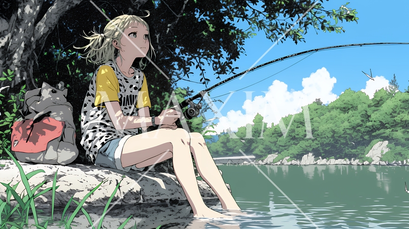 岸から魚釣りを楽しむ若い女性｜渓流・自然・アウトドア・ライフスタイル