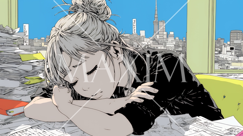 机にもたれ、散らばった書類に囲まれてため息をつく疲れた女性