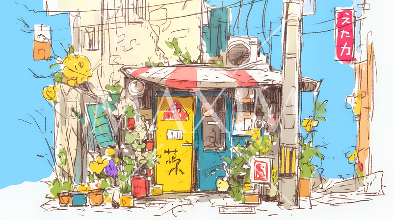 昭和の匂いがする昔ながらの飲み屋（クレヨンと水彩画風）