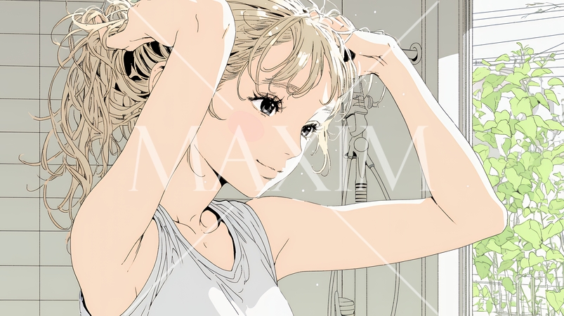 朝支度：洗面所で髪をまとめている若い女性